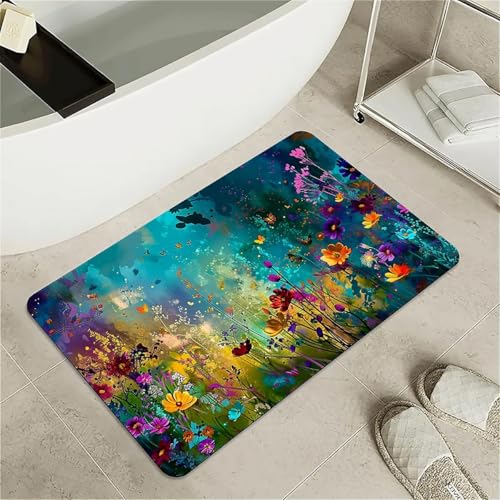 OwkHome Badematte Aus Kieselgur Mit Weißfisch- Und Goldfisch-Design, Rutschfester, Super Saugfähiger Badvorleger for Badezimmer Und Küche(Wildflowers and Butterflies-,16x24Inch (40 * 60cm)) von OteHome
