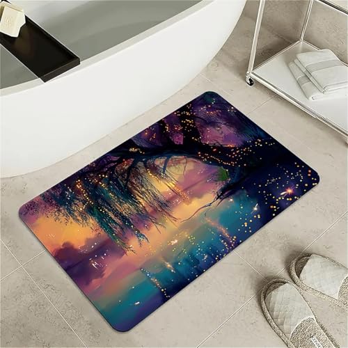 OwkHome Badematte Aus Kieselgur Mit Weißfisch- Und Goldfisch-Design, Rutschfester, Super Saugfähiger Badvorleger for Badezimmer Und Küche(Willow Tree with Fireflies,20x31Inch (50 * 80cm)) von OteHome