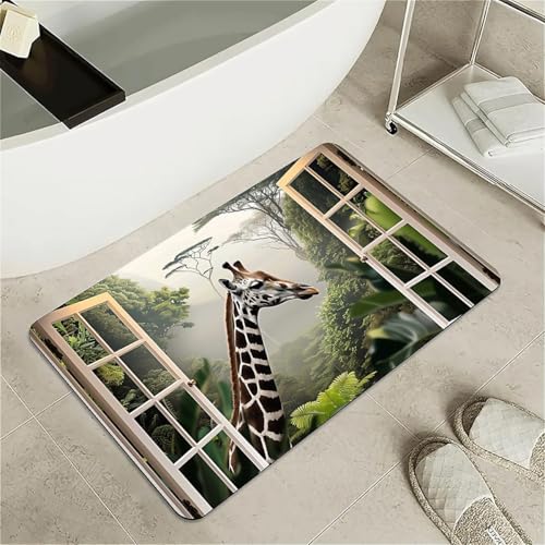 OwkHome Badematte Aus Kieselgur Mit Weißfisch- Und Goldfisch-Design, Rutschfester, Super Saugfähiger Badvorleger for Badezimmer Und Küche(Window with a Giraffe,17x27.5Inch (43 * 70cm)) von OteHome