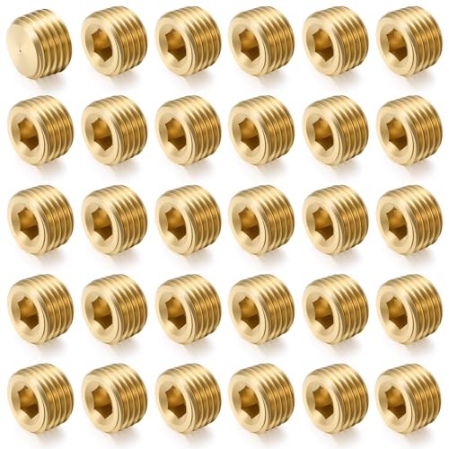 Otoolling 30 Stück 1/4 Zoll NPT Messing Außenrohrstopfen-Set, Innengewinde, Innensechskant, Rohrstopfen-Set, Sechskant-Gegen-Senkstopfen, für Endverschluss von Otoolling