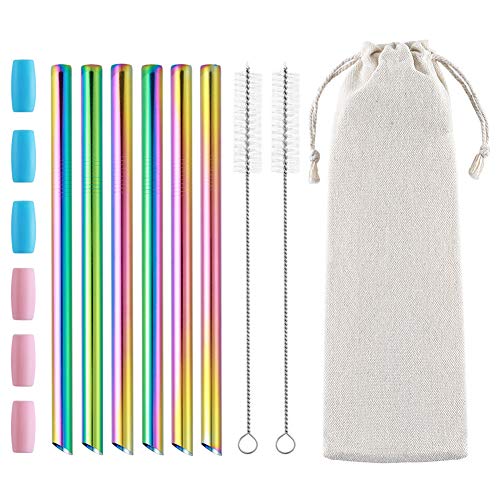 6 Stück Bubble Tea Strohhalme, Boba-Strohhalme, Metall-Trinkhalme für Blasen-Tee, Milchshakes, Smoothies mit Reinigungsbürste & Etui X-Large regenbogenfarben von Otstar
