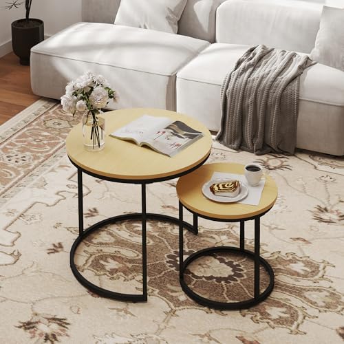 Otterease Nisttische 2er Set, Runder Couchtisch, Kleiner Nesting Couchtisch mit Einstellbarer Rutschfester Fee, Holzmaserung Top Nisttische für Wohnzimmer, Schlafzimmer (Holzmaserung Hellbraun) von Otterease