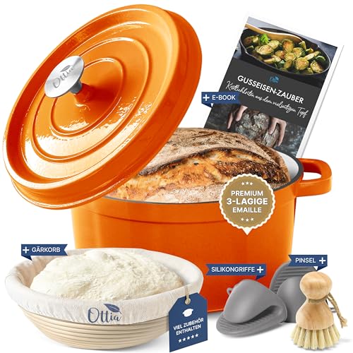 OTTIA Premium Gusseisen Topf, 3 lagig Emaille, Zubehör (Gärkorb, Hitzeschutz, Pinsel, e-Rezeptbuch) 26cm groß 5 Liter bis 6 Essen. Brot backen, Brottopf, Schmortopf, Aromafunktion, Händler aus HH von Ottia