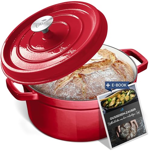 OTTIA Premium Gusseisen Topf, 3 lagig Emaille, e-Rezeptbuch, 26cm groß 5 Liter bis 6 Essen. Brot backen, Brottopf, Schmortopf, Aromafunktion, Händler aus HH von Ottia