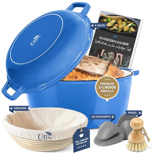 Ottia Gusseisen Topf; Brot Backen; Dutch Oven; 2in1 Bräter 4,5L mit Pfannendeckel 1,8L; alle Herdarten; Emailliert; aus Hamburg; mit E-Book; Gärkorb; Bürste; Hitzeschutz von Ottia