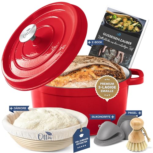 OTTIA Premium Gusseisen Topf, 3 lagig Emaille, Zubehör (Gärkorb, Hitzeschutz, Pinsel, e-Rezeptbuch) 26cm groß 5 Liter bis 6 Essen. Brot backen, Brottopf, Schmortopf, Aromafunktion, Händler aus HH von Ottia