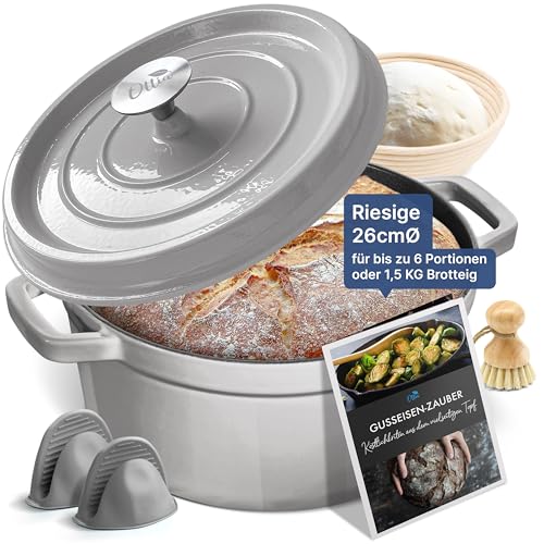 OTTIA Premium Gusseisen Topf, 3 lagig Emaille, Zubehör (Gärkorb, Hitzeschutz, Pinsel, e-Rezeptbuch) 26cm groß 5 Liter bis 6 Essen. Brot backen, Brottopf, Schmortopf, Aromafunktion, Händler aus HH von Ottia