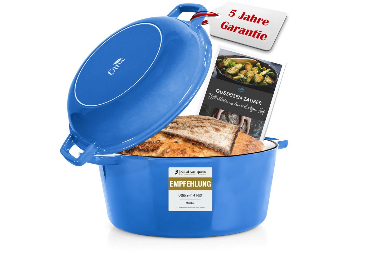 Ottia Schmortopf Gusseisen Topf [inkl. eRezeptbuch] - Hochwertiger Emaille Topf 26cm, Gusseisen, Idealer gusseiserner Brottopf zum Backen, Gusseisentopf, Brotbacken von Ottia