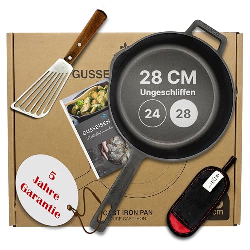Ottia reine Gusseisenpfanne Induktion 28cm (ungeschliffen), mit eKochbuch, Pfannenwender, waschbarem Hitzeschutz, Gusseisen, Eisenpfanne, Cast Iron Pan, Händler aus Hamburg von Ottia