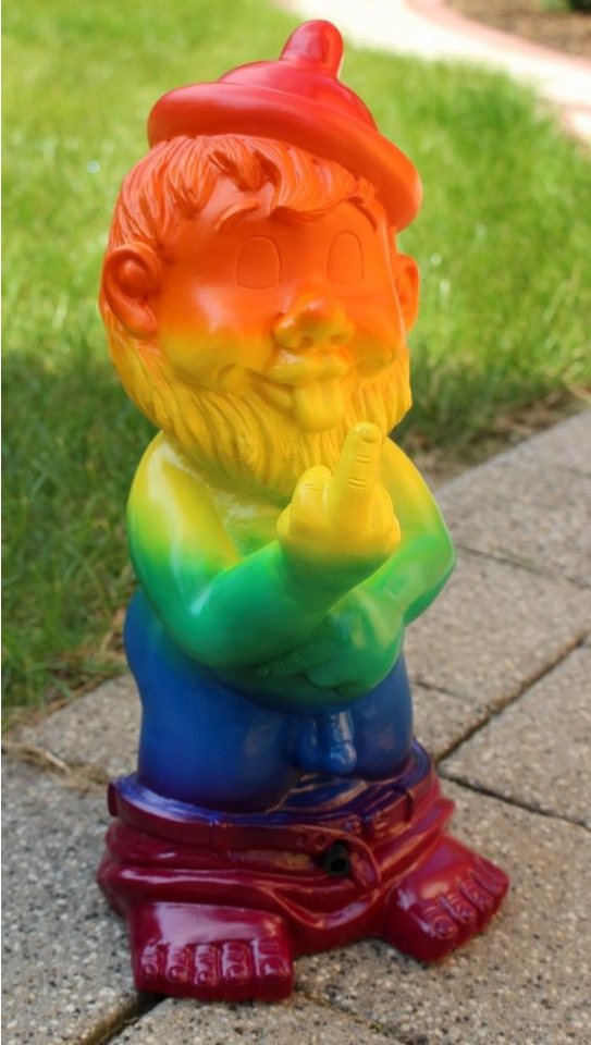 Otto Müller Gartenzwerg Gartenzwerg Gartenfigur Deko Zwerg Mittelfinger Bewegungsmelder "Pfiff" Regenbogen Pride H 31 cm von Otto Müller