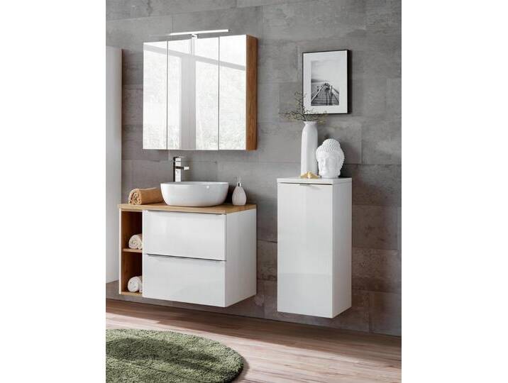Fun Möbel Badmöbel-Set Set 6-tlg oder 5-tlg PERUGIA Weiss HGL mit oder ohne Waschbecken, (Set, 5-St., Unterschrank, Abdeckplatte, Hängeschrank, Regal, LED-Spiegelschrank), Schubladen und Türen mit Soft-Close-System, Spiegelschrank inkl. LED von Otto.de