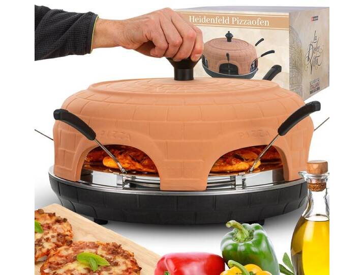 Heidenfeld Pizzaofen Mini Pizzaofen Pizzachef für 6 Personen inkl. Pizzaschieber Raclette, 1100 W Pizzamaker - Dual-M-Heizstab - Abdeckung Terracotta Pizza Ofen von Otto.de