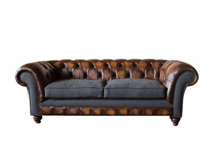 JVmoebel Chesterfield-Sofa 3-SITZIGES CHESTERFIELD-SOFA AUS BRAUNEM LEDER UND GRAUER WOLLE, Made in Europa von Otto.de