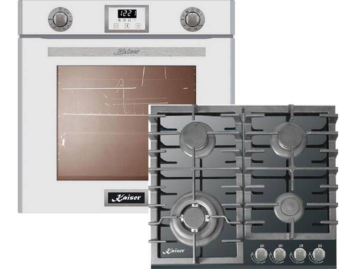 Kaiser Küchengeräte Gasherd-Set Herd Set Autark Gas Backofen 79L Grill Selbstreinigung Umluft Weiß Glas+Luxus Gaskochfeld 60 cm 4 flammig inkl. WOK-Brenner 3,8 Kw WOK EG 6374 W + KCG 6383/3, mit 1-fach-Teleskopauszug, Einbau-Backofen 60cm in Weiß/Gas Backofen+Gas-Kochfeld 60 cm von Otto.de
