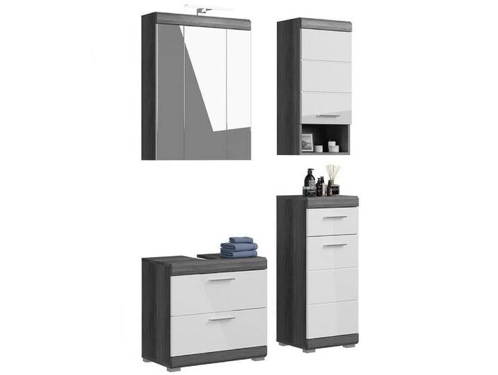 Lomadox Badmöbel-Set SIROCO-158, (Spar-Set, 4-St., Waschbeckenunterschrank Spiegelschrank Hängeschrank Kommode), Badezimmerschrank Komplett Set Badezimmer modern in weiß mit grau von Otto.de