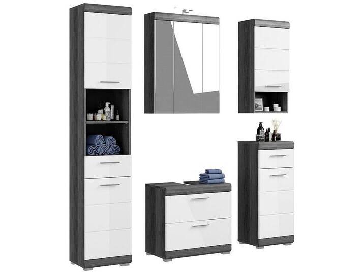 Lomadox Badmöbel-Set SIROCO-158, (Spar-Set, 5-St., Hochschrank Waschbeckenunterschrank Spiegelschrank Schrank Kommode), Badezimmerschrank Komplett Set Badezimmer modern in weiß mit grau von Otto.de