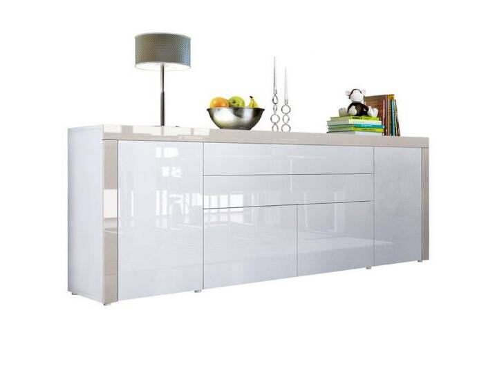 Vladon Sideboard La Paz V2 (Kommode mit 2 Türen, 2 Schubkästen und 2 Klappen, Korpus Weiß matt), Front Weiß Hochglanz & Sandgrau Hochglanz (200 x 72 x 35 cm) von Otto.de