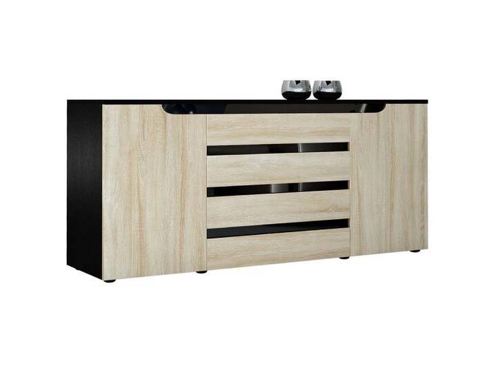 Vladon Sideboard Sylt V2 (Kommode, mit 2 Türen und 4 Schubladen), Schwarz matt/Eiche sägerau/Schwarz Hochglanz (166 x 72 x 35) von Otto.de