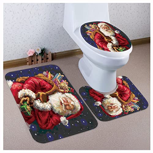 OttoBen Weihnachts Badematten Set 3 Teilig 3D Drucken Badezimmer Fußmatte Garnitur rutschfeste Badteppich Stand WC Badvorleger Toilet Mat Teppich 7# 50 * 80cm+40 * 50cm+38 * 43cm von OttoBen