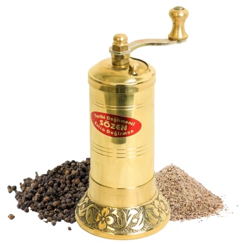 SOZEN 11.9 cm Manuelle Pfeffermühle Messing - Handgefertigte türkische Pfeffermühle, konischer Grat Gewürzmühle, tragbare Handkurbelmühle für Salz, Pfefferkörner und andere Gewürze mit langlebigem von Ottoman Inspirations
