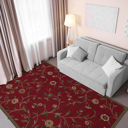 Ottomanson Ottohome-Kollektion Teppich mit Gummirückseite und modernem Blätter-Design, 100 cm x 150 cm, Rot von Ottomanson