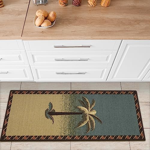 Ottomanson Sara's Kitchen-Kollektion Teppichläufer fürs Bad mit Gummirückseite und tropischem Palmen-Design, 50 cm x 150 cm, Beige/Blaugrün von Ottomanson