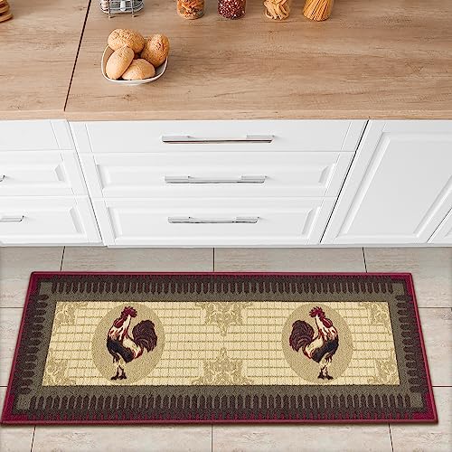 Ottomanson Siesta-Kollektion Küchen-Teppichläufer mit Gummirückseite und Hahn-Design, 50 cm x 150 cm, Beige von Ottomanson