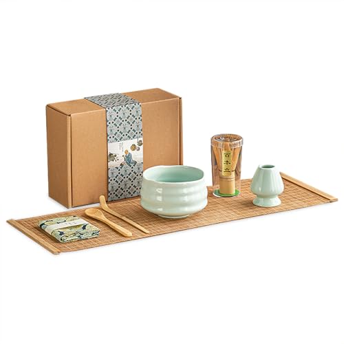 7-teiliges Matcha-Schneebesen-Set, japanisches Matcha-Zeremonie-Set mit Bambuslöffel, Keramik-Teeschale, Geschirrtuch, Schaufel, Bambus-Schneebesenhalter, perfekt für handgefertigte Macha-Zeremonie von Otufan