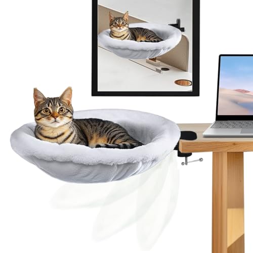Katzen-Schreibtischbett, um 360 ° drehbar, unterstützt bis zu 20 kg und 40 cm Ringdurchmesser, einfache Installation, Kaninchenfell und verstellbares, langlebiges Stahl-Haustiernest für Tischmöbel von Otufan