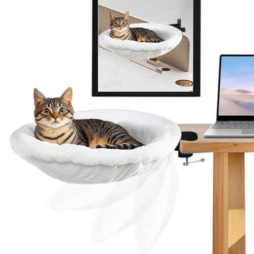 Katzen-Schreibtischbett, um 360 ° drehbar, unterstützt bis zu 20 kg und 40 cm Ringdurchmesser, einfache Installation, künstliches Kaninchenfell und verstellbares, langlebiges Stahl-Haustiernest für von Otufan