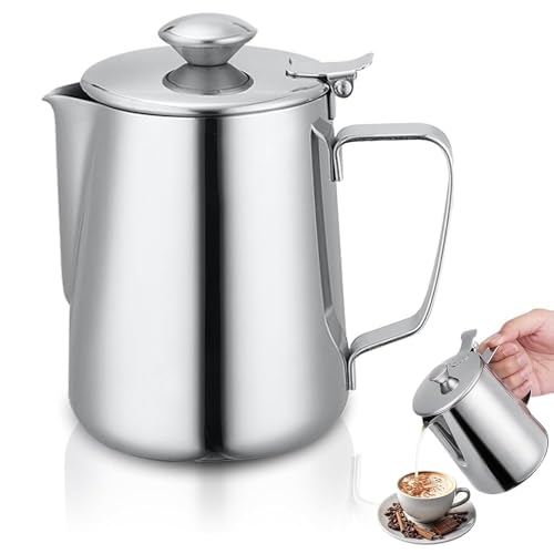 Milch Pitcher, 304 Sahnekännchen Milchkanne Kaffee Milchkännchen mit Deckel Milchschaumkännchen Kännchen Milchaufschäumer für Cappuccino Latte Art Espresso Perfekt für Kaffeeliebhabe Silber 350ml von Otufan