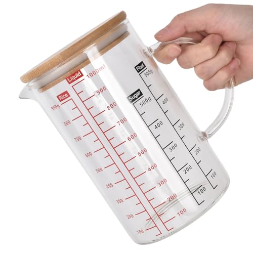 Otufan Glas Messbecher, Hitzebeständiges Klare Skala Rührbecher Mit Deckel, Bequemer Griff, Measuring Cups Borosilikatglas Kaffeetassen Milchmessbecher (1000ml) von Otufan