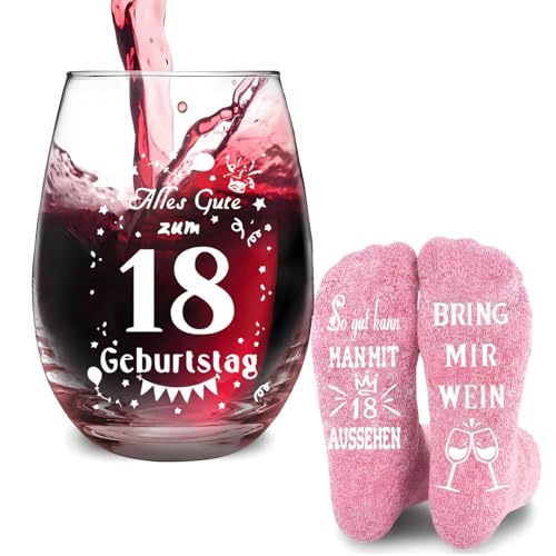 OuMaiFeng 530ml Weingläser mit Lustigen Socken, Personalisierte Geschenke zum 18. Geburtstag für Mädchen und Jungen, 'Alles Gute zum 18. Geburtstag', Rosa, Hartglas, Stielglas, 500 Milliliter von OuMaiFeng