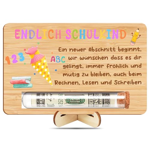 Geschenke zur Einschulung,Holz Geldgeschenk mit Sockel,Einschulung Junge Mädchen,Geldgeschenke Verpackung,Einschulung Karten mit Umschlag,Geschenktüte Einschulung (Gelb-braun) von OuMaiFeng