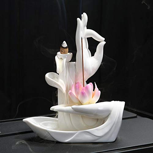 Lotus Räucherstäbchen Halter mit 10PCs Rückfluss Räucherkegel, Rosa Lotos und Zen Kleiner Buddha Asien Keramik Räucherstäbchenhalter Rückfluss Räuchergefäß(Lotus-3) von OuYee