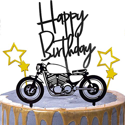 Ouceanwin 4 Pcs Tortendeko Schwarz Gold Cake Topper Motorrad Acryl Happy Birthday Kuchen Topper Glitter Stern Geburtstagstorte Dekoration, Kuchendeko Geburtstag Torte Topper Picks für Mann Junge von Ouceanwin