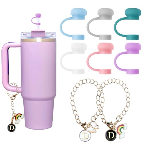 Oudizz Cup Zubehör Kompatibel mit Stanley - 6 Stück Silikon Strohhalm Abdeckung und 2 Stück Becherkette mit Monogrammiertem (Buchstabe D) von Oudizz