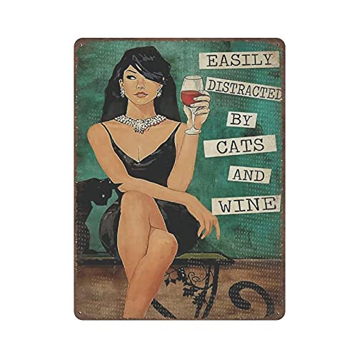 Metallblechschild Easy Distracted by Cat And Wine Vintage Art Poster Retro Iron Painting Wall Decor Art Gift Outdoor Cafe Bar Garage Farm Decoration 16"x12" von Oudrspo