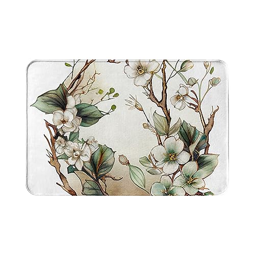 Oudrspo Saugfähig und rutschfest, geeignet für Innen- und Außeneingänge und Innenhöfe, Flanell-Bodenmatte mit weißem Blumenmuster, Magnolienblüten, Blatt-Badematte, Größe 40,6 x 61 cm von Oudrspo