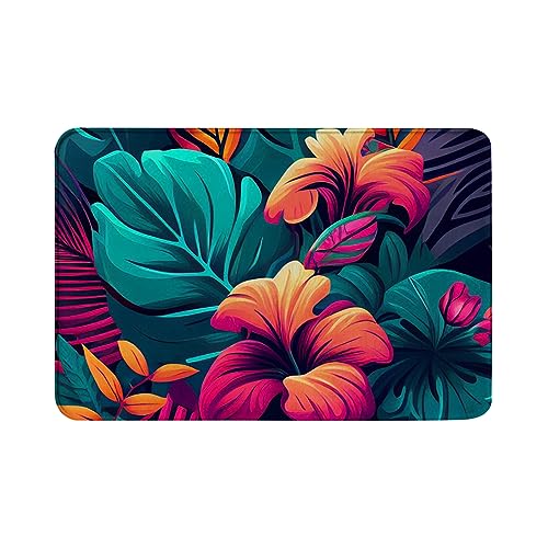 Oudrspo rutschfeste, weiche Flanell-Fußmatte, Fußmatte für den Boden, Eingangsbereich, Außen- und Innenbereich, Badematte mit hawaiianischem Muster, hellem Blumenblatt, Größe 40,6 x 61 cm von Oudrspo