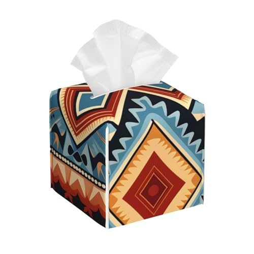 Quadratische Taschentuchbox-Abdeckung mit ethnischem und geometrischem Muster, Taschentuchbox-Halter aus Leder mit ethnischem und geometrischem Muster, Kosmetikpapier-Etui-Organizer für Esstisch, Nach von Oudrspo