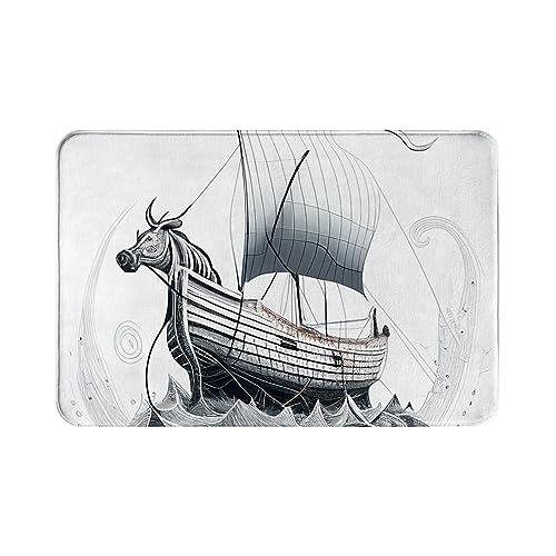 Rutschfeste, saugfähige Super-Badematten, bequemer Flanell-Badezimmerteppich, Bettvorleger, Wikingerschiff mit einem Pferd darauf, das auf dem Meer schwimmt, Badezimmerteppich und Fußmatte, Größe 40 von Oudrspo