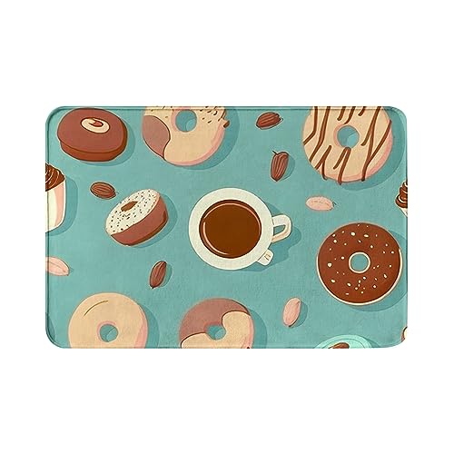 Rutschfeste, saugfähige Super-Badematten, bequemer Flanell-Badezimmerteppich, Bettvorleger, ein Muster mit Kaffee und Donuts und einigen Teetassen, Badezimmerteppich und Fußmatte, Größe 40,6 x 61 cm von Oudrspo