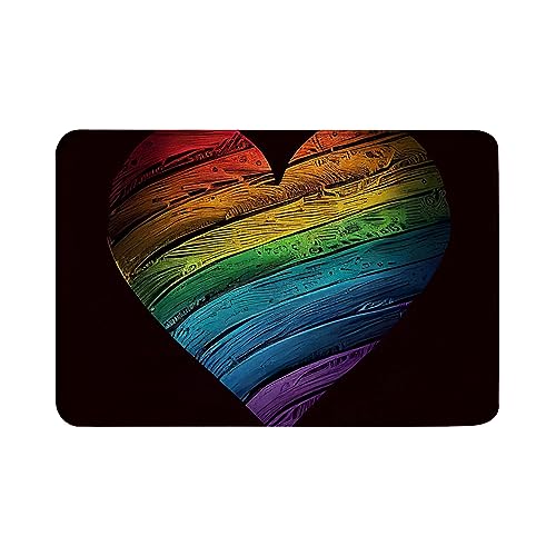 Weiche Flanellmatten, rutschfeste Küchenteppiche, Badvorleger, Läufer für Badezimmer, Schlafzimmer, Regenbogenfarbenes Herz auf schwarzem Hintergrund, Badematte, Küchenbodenmatte, Größe 40,6 x 61 cm von Oudrspo