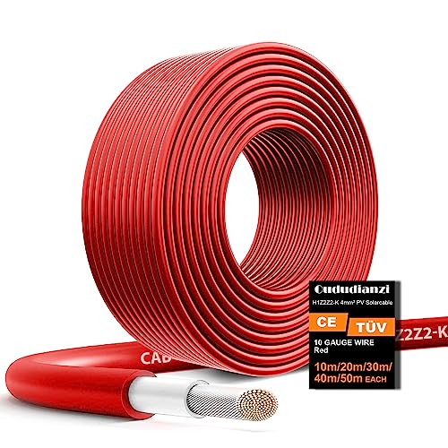 Oududianzi 10m Solarkabel 4mm2 in Rot, 10m PV kabel, H1Z2Z2-K 4mm² Solarleitung Verlängerungskabel für Photovoltaik Solaranlage Solarpanel, Erdverlegbare, Einzelleitung, Doppelt Isoliert (Rot, 10m) von Oududianzi