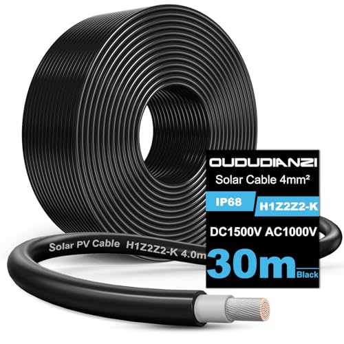 Oududianzi 30m Solarkabel 4mm2, Solarleitung H1Z2Z2-K 4mm² Von 10 bis 50m Solarkabel, Solar Kabel Verlängerung für Solarmodul PV Kabel, Erdverlegbare, Einzelleitung, Doppelt isoliert (Schwarz, 30m) von Oududianzi