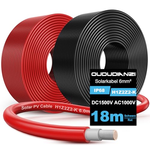 Oududianzi Solarkabel 6mm2 18m, Solarkabel Verlängerung 8/10/12/15/18/28/30/50m, Photovoltaik Kabel, PV Kabel 6mm2, Solar Anschlusskabel für Solarpanel,Wechselrichter und Laderegler (6mm² 2x18m) von Oududianzi