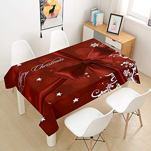 Ouduo 3D Weihnachten Tischdecke Wasserdicht Polyester Rechteckig, Pflegeleicht Fleckschutz Ölfest Abwaschbar Mehrzweck Bedruckte Tischdecke für Home Küche Dekoration (rote Schleife,100x140cm) von Ouduo