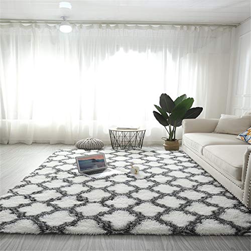 Ouduo Teppiche Wohnzimmer Modern Geometrie, Indoor Langflor Carpet Fluffy Anti-Skid Soft Gradient Area Shaggy Teppich Hochflor, für Schlafzimmer Wohnzimmer Kinderzimmer Decor (Weiß,120*160cm) von Ouduo