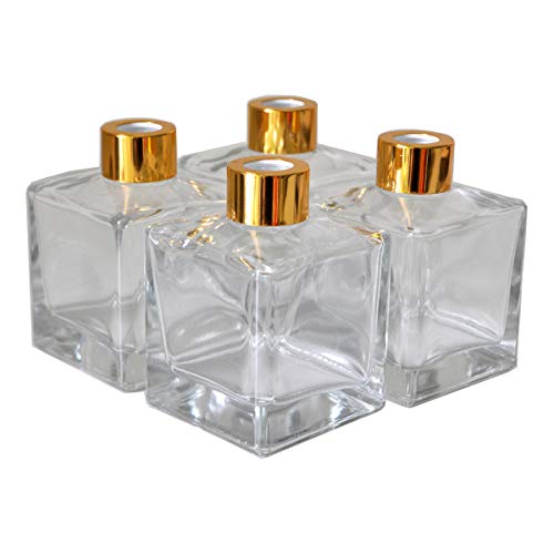 Ougual 4 Stück Quadrat Glasflaschen für Raumduft-Diffusor, Behälter für ätherische Öle (100ML, Goldkappen) von Ougual